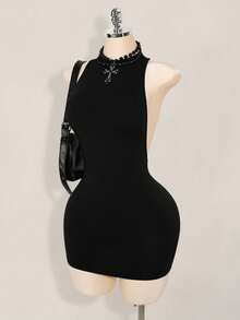 SHEIN ICON 纯色交叉露背性感休闲迷你连衣裙 - 黑色 - 查看 4