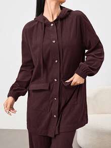 Mulvari 2pcs Khaki Women Casual Daily Hooded Shirt And Pants Set, Autumn/Winter 2 Pieces Set - Coffee Brown - View 5