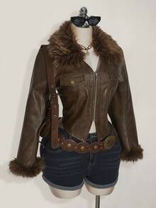 SHEIN ICON Plus Size Brown PU Leather Collar Patchwork Short Jacket In Fall/Winter