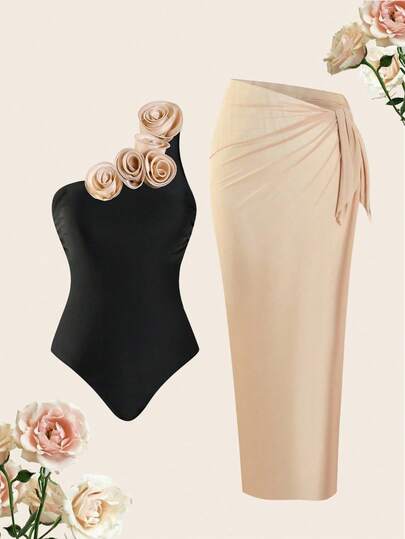 Swim Oasis Traje de baño de una pieza tipo monokini negro Premium Oasis para tallas grandes con cobertor de malla beige largo, adecuado para vacaciones en la playa