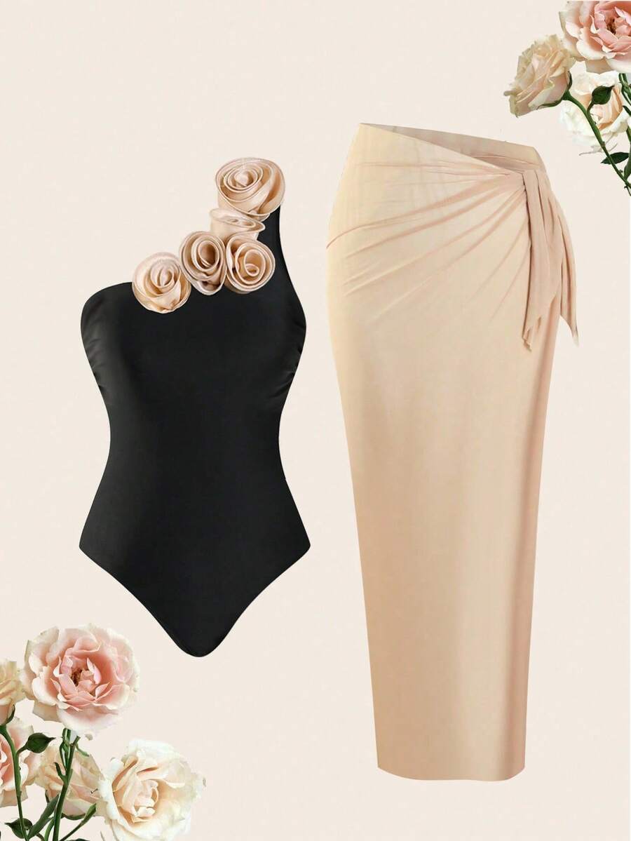 Swim Oasis Traje de baño de una pieza tipo monokini negro Premium Oasis para tallas grandes con cobertor de malla beige largo, adecuado para vacaciones en la playa - Multicolor - Ver 1