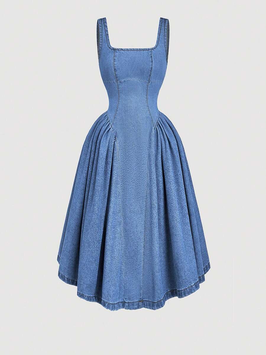 SHEIN MOD Light Blue Casual Sleeveless Waist Cinched Square Neck Denim Dress For Women,New Autumn And Winter Sleeveless Party Dress, Waist Tie Bow Princess Dress, Denim Dress Long Skirt Suitable For Party Date,Christmas,  Christmas Women's Clothing ,Christmas Clothes - Light Wash - View 1