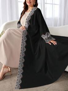 SHEIN Najma 大码女式菱形花卉数码印花优雅 V 领长袖宽松阿拉伯风格长裙，春秋季 - 彩色 - 查看 3