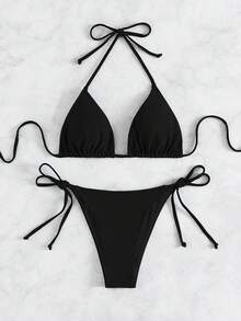 Swim Basics Summer Beach Halter Triangle Tie Side Bikini Set