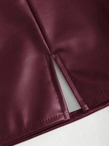 Sweetra 性感低腰时尚 PU 皮革开衩迷你裙，女式，春夏 - 酒紅色 - 查看 3