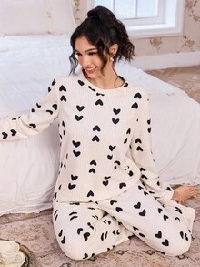 CottageSlumber Cheese-Color Reversible Fleece Fluffy Pajama Set With Black Heart Print For Women, Fall Winter Clothes - Beige - View 4