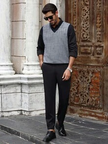 Manfinity Homme Men's Contrast Color V-Neck Casual Knit Sweater Vest, Autumn/Winter, Old Money - Grey - View 3