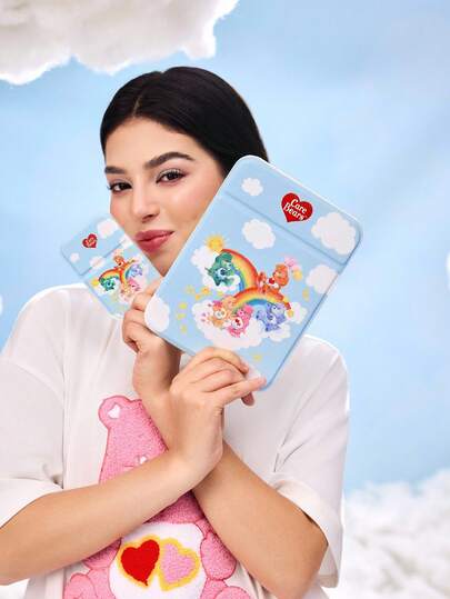 SHEIN X Care Bears 1 件可爱卡通图案 PU 皮革可折叠高清便携式镜子，可独立站立和手持，轻巧紧凑，方便检查化妆细节，适合旅行和通勤，适合男女，熊，好运熊，温柔熊，爱熊，朋友熊