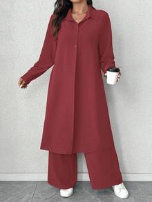 Elenzga 加大码褶皱纹理面料领长袖长衬衫和宽松直筒裤两件套休闲装 - 紅木色 - 查看 5