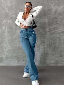EURMUSE 98%Cotton Zipper Fly Distressed Bell Bottom Jeans - Blue - View 4