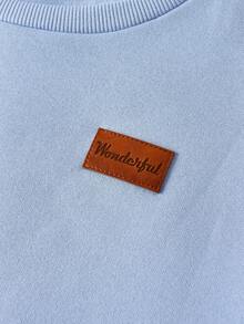 SHEIN 青少年女孩休闲宽松舒适圆领长袖短款连帽衫和裤子套装 - 淺藍色 - 查看 16