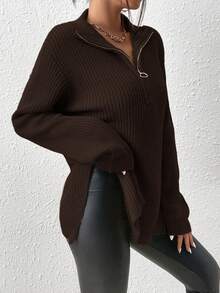 SHEIN Frenchy 半拉链落肩纹毛衣女士秋冬装 - 咖啡棕 - 查看 7