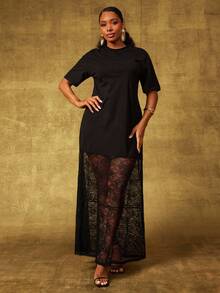 Vixey Drop Shoulder Oversized T Shirt Dress With Lace Hem, Going Out - Black - View 2