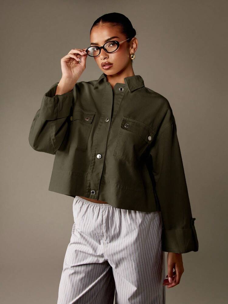 MISSGUIDED Cotton Oversized Utility Denim Jacket Button Down Cropped Workwear Collared Shirt With Metal Snap Buttons Front Pockets Cuffed Sleeves Fall Winter Casual