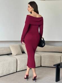 Modelyn 秋季大码女式纯色露肩长袖系带设计修身优雅针织连衣裙 - 酒紅色 - 查看 2