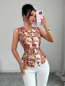 Elenzga Front Open Gold Jacquard Women's Summer Shirt Vest, Slimming Waist Blouse And Shirt, French Elegant Textured Floral Sleeveless Shirt - Red - View 5