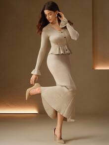 Anewsta Women's Elegant V-Neck Ruffle Hem Knit Dress, Autumn/Winter - Apricot - View 1