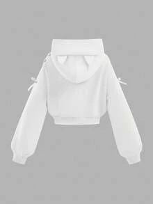 SHEIN Girlism 少女万圣节时尚街头风猫耳卫衣长袖抽绳休闲套头衫，蝴蝶结猫耳卫衣白色卫衣可爱卫衣秋冬款 - 白色 - 查看 2