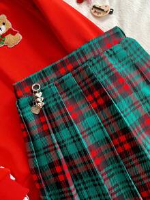 Girls Sweatshirt Set,Cute Autumn Red Sweatshirt With Bear Graphic & Green Plaid Pleated Skirt,Fashionable School Outfits For Daily Wear,Shopping - Multicolor - View 4