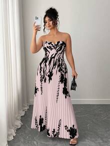 Elenzga Vestido de verano elegante con estampado floral y drapeado para tallas grandes - Rosa coral - Ver 3