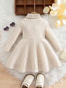 Babygirl Elegant Knit Minimalist Apricot Long Sleeve Dress Fall Winter - Apricot - View 2