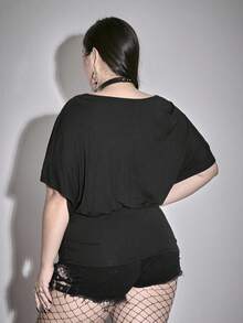ROMWE Deep V-Neck Batwing Sleeve Loose Ruched Stretchy Plus Size T-Shirt - Black - View 3