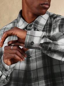 SUMWON Cotton Classic Button Down Long Sleeve Plaid Flannel Shirt Relaxed Fit Casual Fall Winter Heavyweight Oversized Collar Button Cuff Office Wear - Black and White - View 2