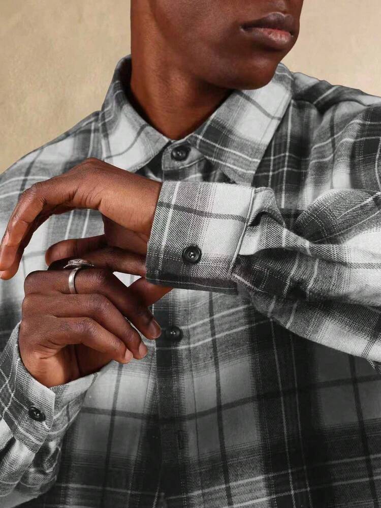 SUMWON Cotton Classic Button Down Long Sleeve Plaid Flannel Shirt Relaxed Fit Casual Fall Winter Heavyweight Oversized Collar Button Cuff Office Wear