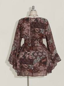 SHEIN ICON 加大码 V 领佩斯利印花褶饰 A 字形连衣裙，波西米亚风、嬉皮风、Y2K 风格，适合秋季、波西米亚风、暑假、音乐节、返校服装、夏装 - 彩色 - 查看 2