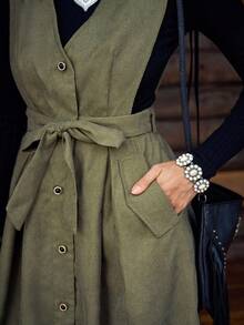 Vestido midi con volantes, bolsillos y cinturón de botones en la cintura, estilo bohemio y occidental, color verde, marca "LanaWest" - Verde militar - Ver 6