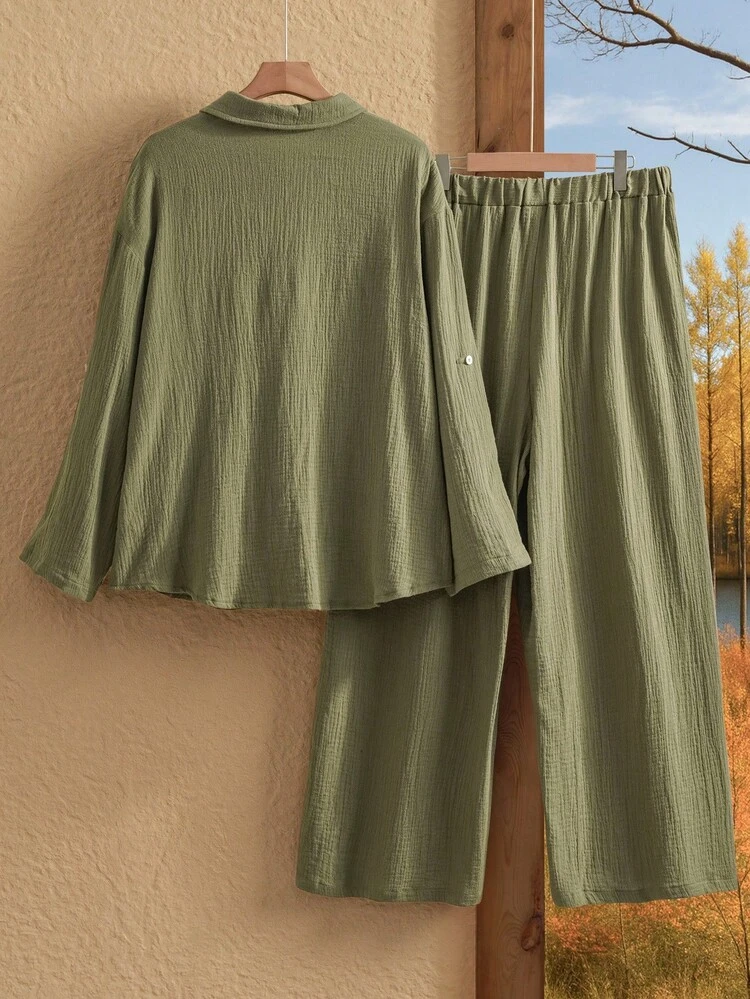 2pcs/Set Plus Size Women's Winter Solid Military Green Casual Long Sleeve Shirt And Pants 2 Pieces Set With Pockets, Comfortable Fabric,Winter Clothes For Women,Soft And Comfortable,Breathable,Autumn/Winter,Going Out Outfits,2025 New Clothes