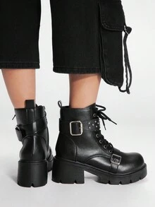 Sugerpunk 女式黑色侧拉链粗跟马靴，系带，皮带扣，暗摇滚朋克哥特风格踝靴和短靴 - 黑色 - 查看 4