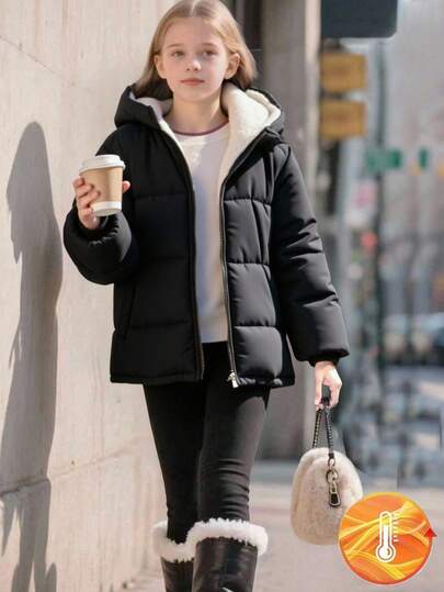 Girls' Casual Padded Coat, Ribbed Elastic Collar, Cuffs & Hem, Padded Lining, Loose Fit, Comfortable For Autumn/Winter, Suitable For Daily, Commute, Outing, Party & Photo Shoot Fall