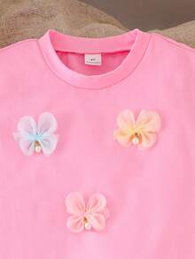 SHEIN 青少年女孩 2件組圓領彩色馬卡龍網紗花卉短袖T恤與網紗花卉牛仔迷你裙套裝，春/夏 - 粉色 - 查看 3