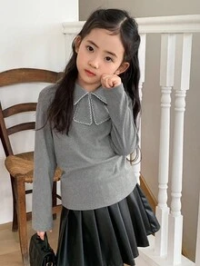 Dazy Kids Young Girl Contrast Scallop Edge Tie Collar Long Sleeve Tee, Casual Daily Commute School Style, Autumn/Spring - Grey - View 3