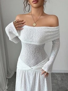 Gloray Vestido de vacaciones minimalista francés con hombros descubiertos y tela texturizada - Blanco - Ver 4