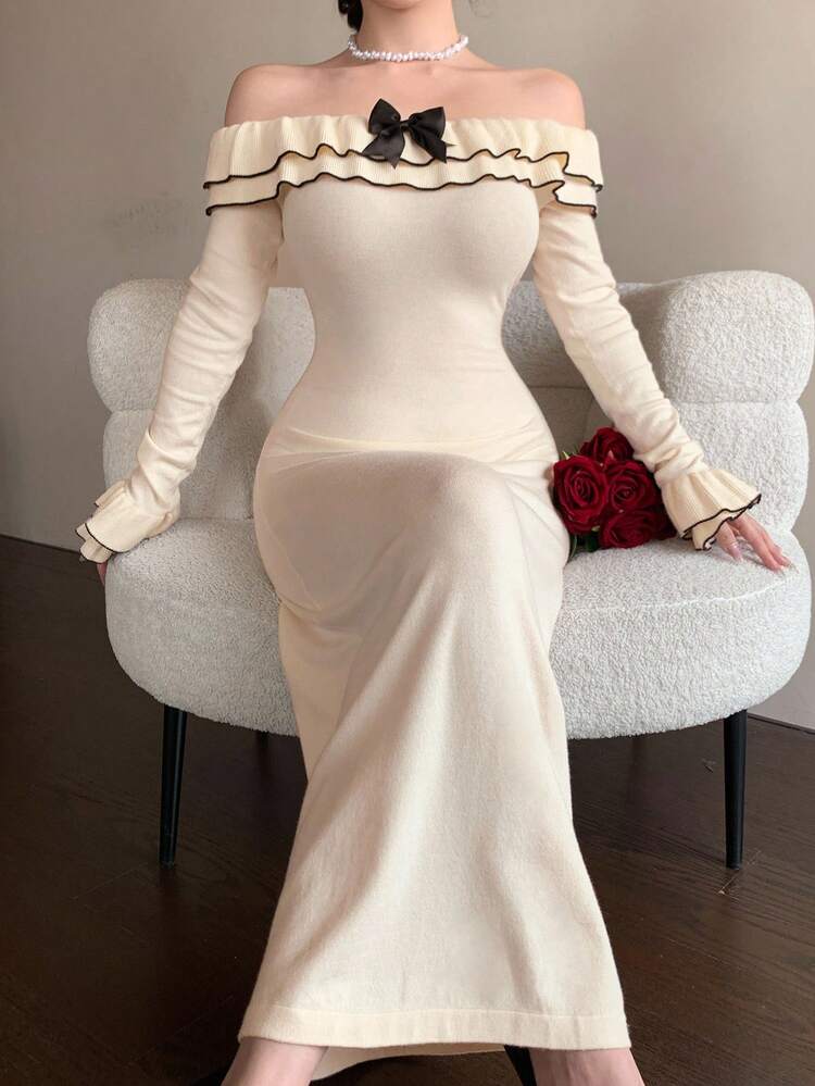 Women's Elegant Colorblock Bowknot Off Shoulder Sweater Dress, Autumn