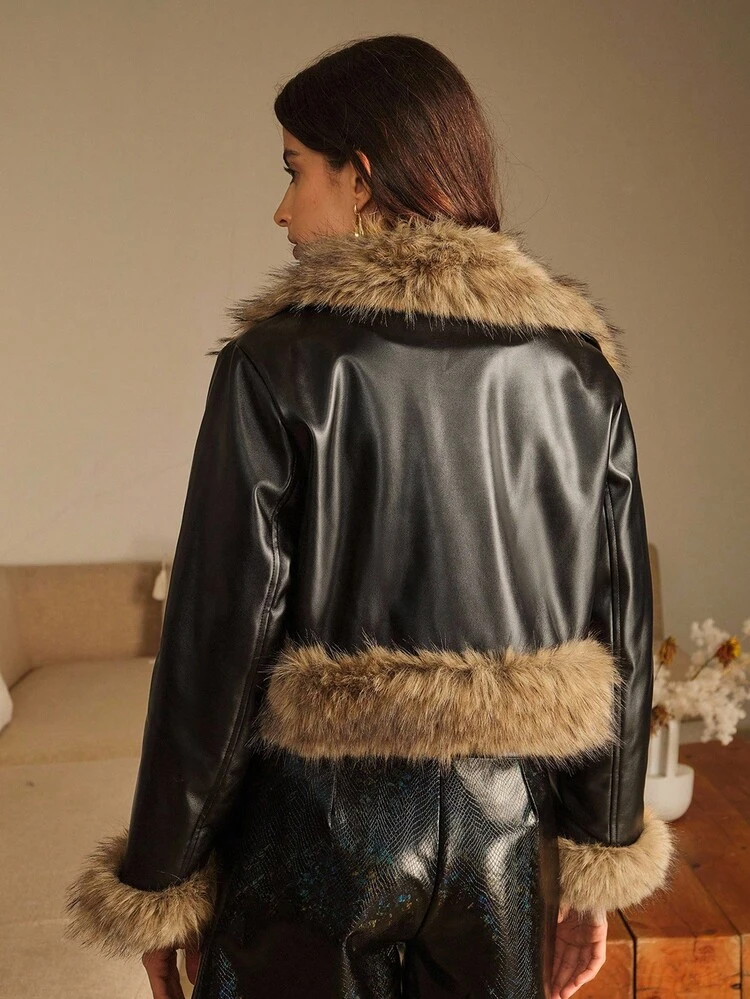 Chaqueta de mujer con cuello de solapa, manga larga, de piel sintética y de estilo fashionable, para otoño/invierno