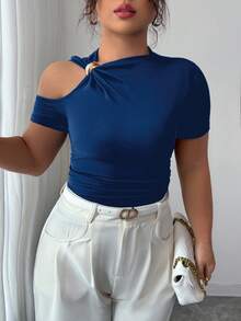 SHEIN 大码女式优雅金属装饰露肩T恤，夏季 - 藍色 - 查看 3