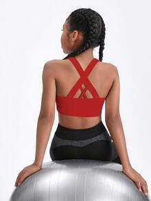 SHEIN Tween Girls' Solid Color Crossback Sports Tank Top - Red - View 2