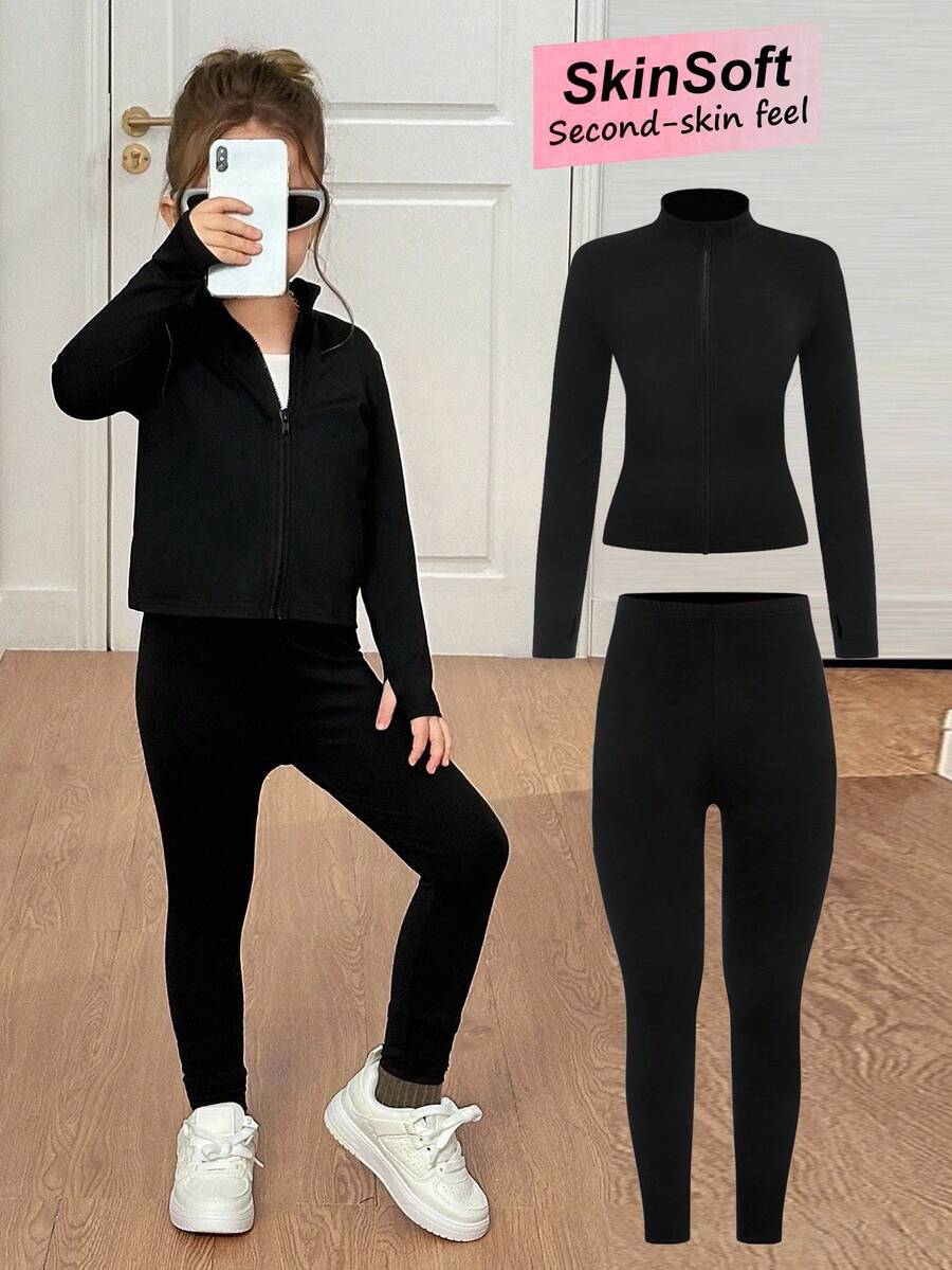 SHEIN 女童瑜伽運動拉鍊立領素色針織上衣與高腰內搭褲2件組,冬季健身運動服套裝,返校健身穿搭 - 黑色 - 查看 1