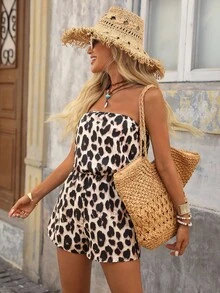 Brillora 女士度假豹纹吊带背心连体裤 - 卡其色 - 查看 6