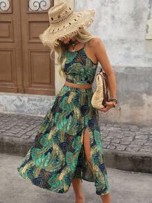 Brillora Tropical Print Cami Top & Split Thigh Skirt Summer Two Piece Outfits - Multicolor - View 1