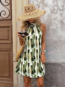 Brillora Allover Print Keyhole Back Halter Neckline Dress,Summer Dresses For Women