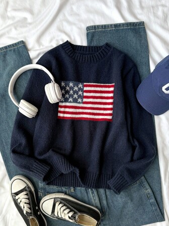 SHEIN Girls American Flag Knit Sweater, Teens Round Neck Long Sleeve Star Striped Pullover Knit Top