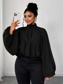 Maweii Áo sơ mi tay đèn lồng cổ đứng màu trơn thanh lịch cỡ lớn dành cho người đi làm - màu đen - Xem 1