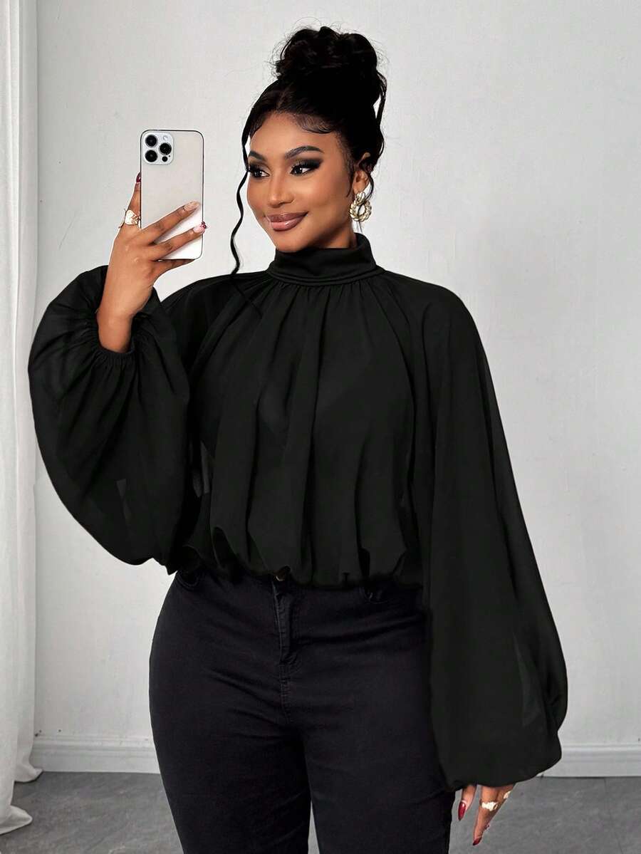 Maweii Áo sơ mi tay đèn lồng cổ đứng màu trơn thanh lịch cỡ lớn dành cho người đi làm - màu đen - Xem 1