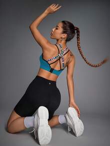Easithlete Sexy Criss-Cross Back Letter Print Racerback Sports Bra With Adjustable Clasp Cross Back Sports Bra Color Block Sports Bra Workout Top Open Back Workout Tops Backless Open Back Gym Tops - Baby Blue - View 6