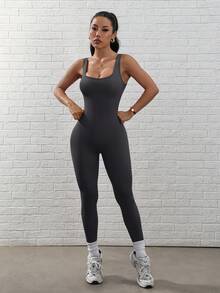 SHEIN Sports 纯色露背紧身无袖连体裤，夏季运动装 - 灰色 - 查看 3