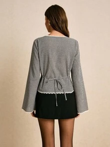 Poéselle 女士格子纽扣门襟系带后腰长袖格子休闲百搭V领收腰女式衬衫，长袖方格纹上衣，格子系带衬衫，商务休闲女式上衣，秋冬季 - 黑與白 - 查看 7